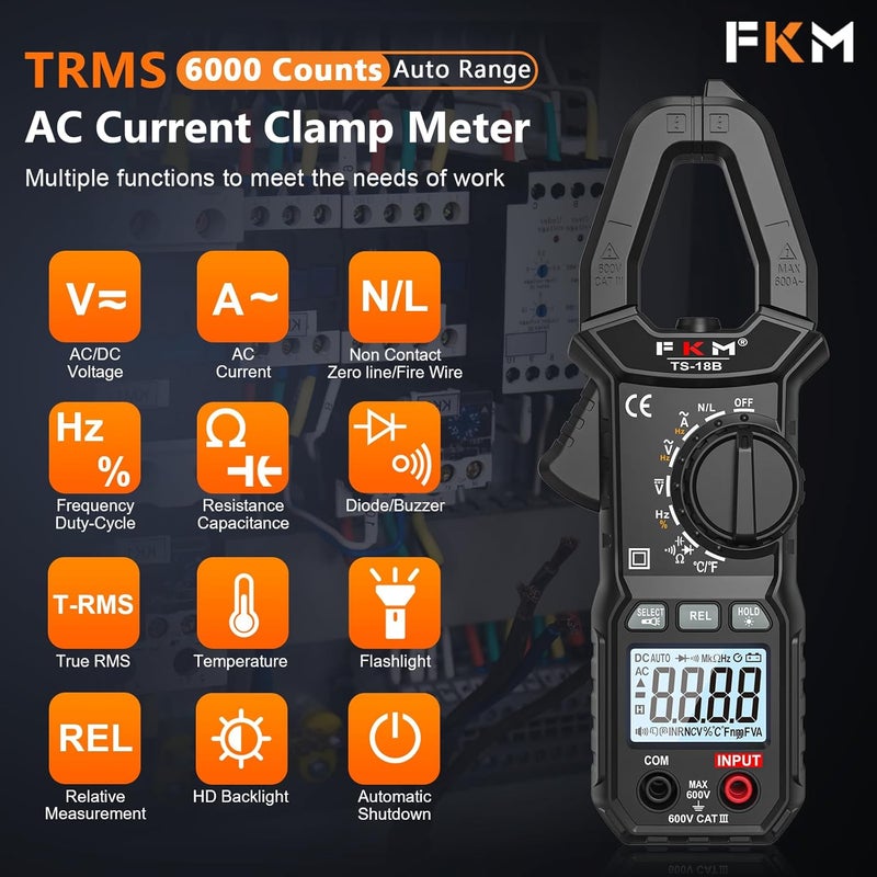 FKM Clamp Meter,TRMS 6000 Counts Digital Clamp Multimeter Voltage Tester,Auto-ranging Amp Volt Meter,for AC/DC Voltage,AC Current,NCV,Capacitance,Resistance,Continuity,Hz/Duty Cycle,Diode,Temp Test - Image 2
